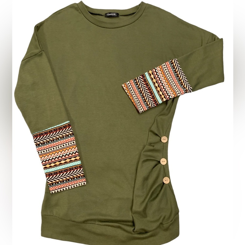 Oyamiki, casual long sleeve, Aztec cuff top, Olive Green size Large - Picture 3 of 5
